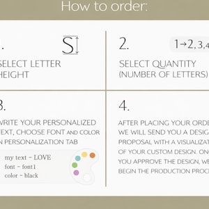 May include: An instructional graphic titled "How to order:" with numbered steps. The steps detail selecting letter height, quantity, personalized text, font, and colour. A colour palette and example text are also shown.