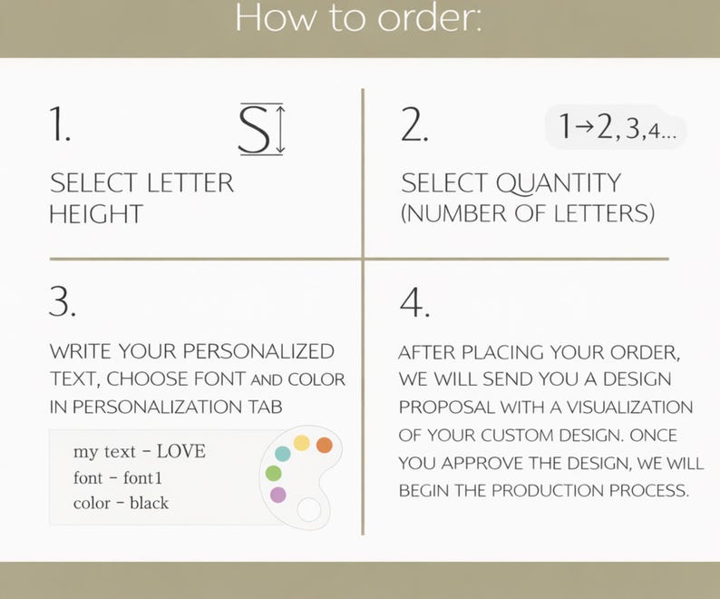 May include: An instructional graphic titled "How to order:" with numbered steps. The steps detail selecting letter height, quantity, personalized text, font, and colour. A colour palette and example text are also shown.