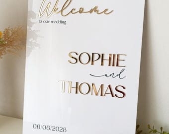 Personalized Acrylic Wedding Welcome Sign: 3D Gold Mirror Names