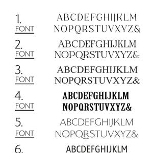 May include: A black and white letters chart showing six font styles. Each font is numbered and labelled with the word "FONT". The chart includes the alphabet from A to Z and the ampersand symbol.