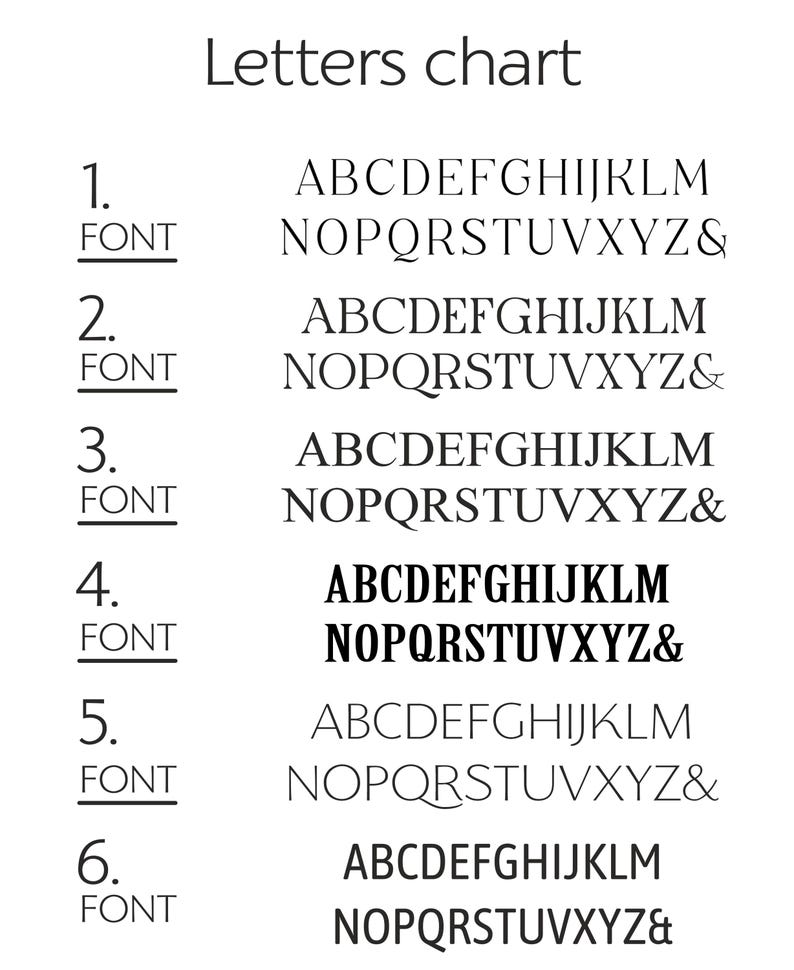 May include: A black and white letters chart showing six font styles. Each font is numbered and labelled with the word "FONT". The chart includes the alphabet from A to Z and the ampersand symbol.