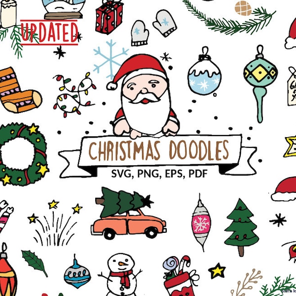 Christmas clip art, Doodle Hand Drawn Winter Clip art, Holidays, Xmas ornaments, snowflakes, santa, christmas tree