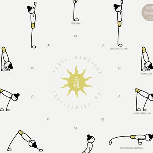 May include: A digital illustration of a yoga sequence called Surya Namaskar, or Sun Salutations. The illustration shows a stick figure performing each pose in the sequence, with the name of each pose written below it. The poses include Tadasana, Urdhva Hastasana, Uttanasana, Ardha Uttanasana, Chaturanga Dandasana.