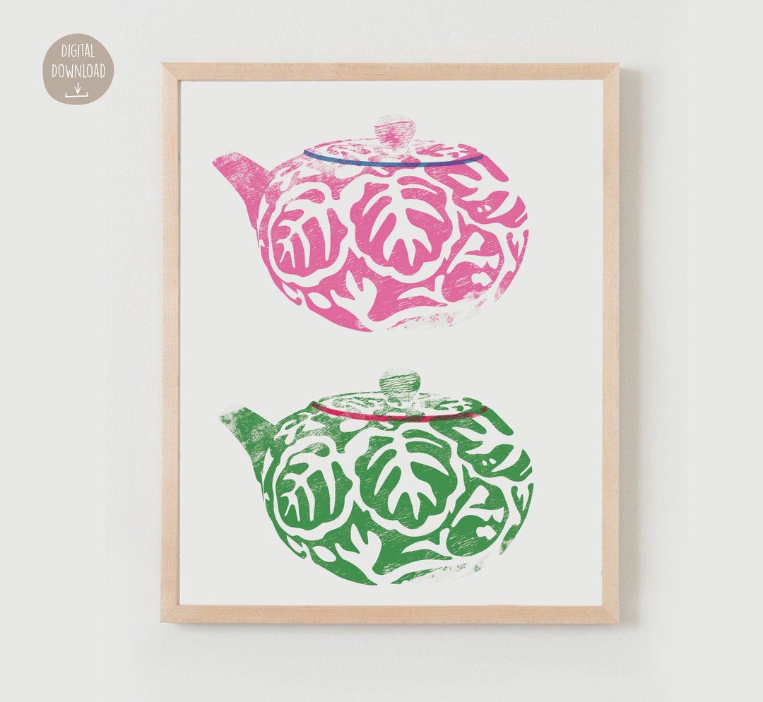 Teapot Art Print Pink & Green Core Wall Art Kitchen Print Tea Lovers