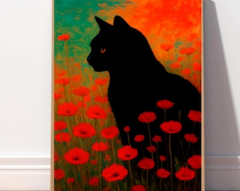 黒猫のアートプリント、ポピー畑の壁アート、黒猫の装飾、花柄の猫のイラスト。