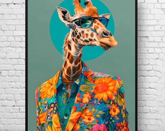 Giraffe In Suit Portrait Print, Animal Head Human Body Poster, Bohemian Decor Colorful wall art, Animal prints for Dopamine decor.