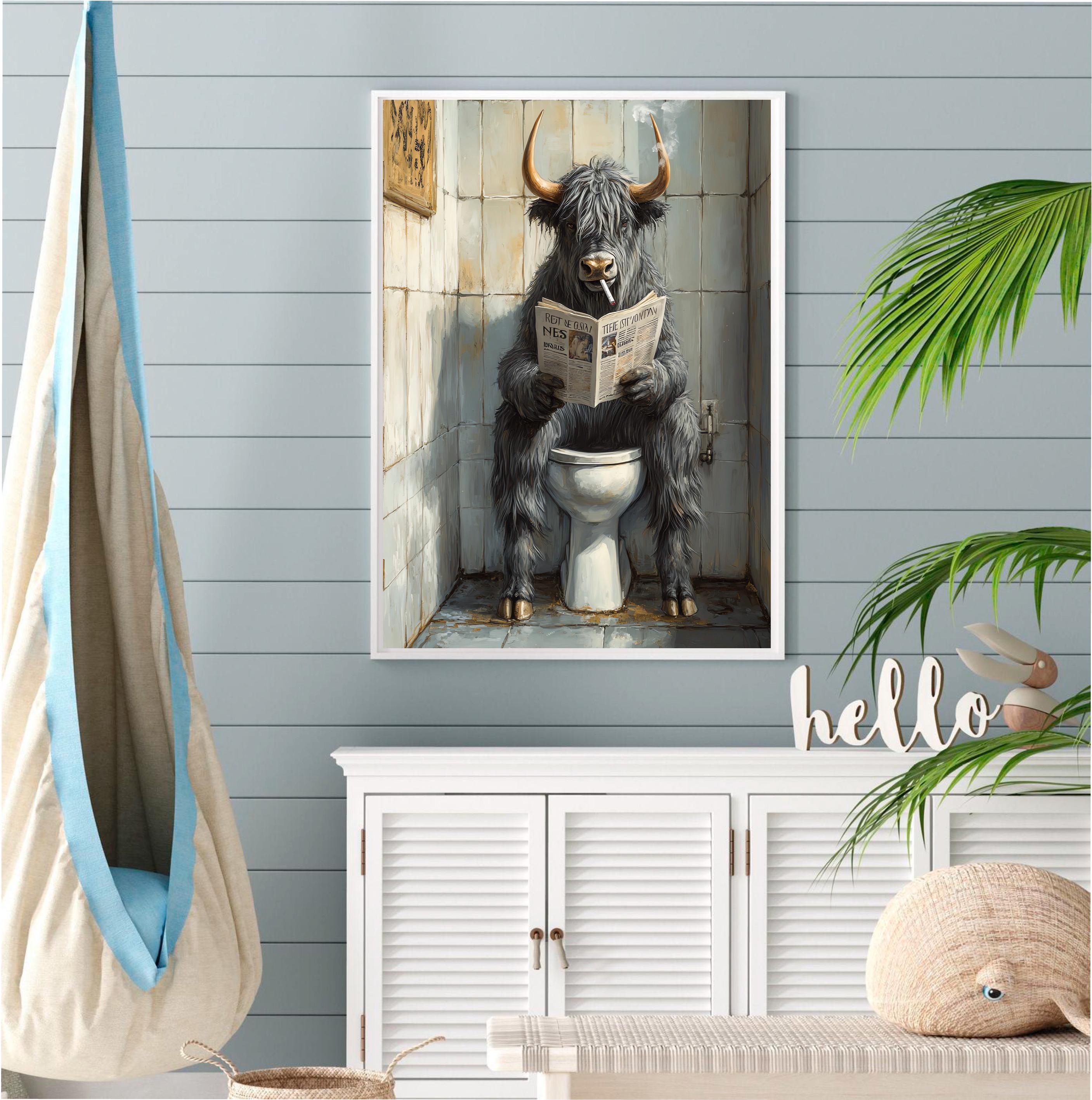 Highland Cow on the Toilet With Newspaper, Funny Bahtroom Art, Black ...