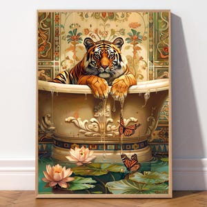 Tiger in Bathtub Wall Art Print, Exotic Animal Wildlife Art, Tiger Floral Art for Zen Poster, Nature Home Decor, Butterfly and Lotus Art.