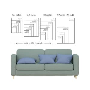 May include: A diagram showing different aspect ratios for artwork, with measurements in inches and centimeters. The diagram shows how different sized artwork would fit on a 230 cm wide sofa. The text "sofa is 230 cm wide" is included in the diagram.