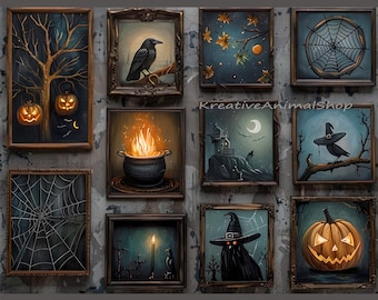Könnte beinhalten: Eine Sammlung gerahmter Halloween-Kunstdrucke. Die Drucke zeigen gruselige Bilder wie Kürbislaternen, eine Krähe, ein Spinnennetz, einen Hexenhut und einen Kessel mit Feuer. Der Text "HALLOWEEN COLLECTION N2" und "KreativeAnimalShop" sind sichtbar.
