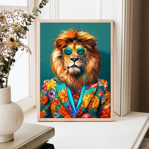 May include: A lion wearing a colorful floral patterned suit and sunglasses against a teal background.