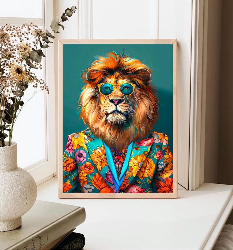 May include: A lion wearing a colorful floral patterned suit and sunglasses against a teal background.