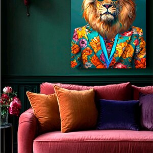 May include: A lion wearing a colorful floral patterned suit and sunglasses against a teal background. The lion is looking directly at the camera.
