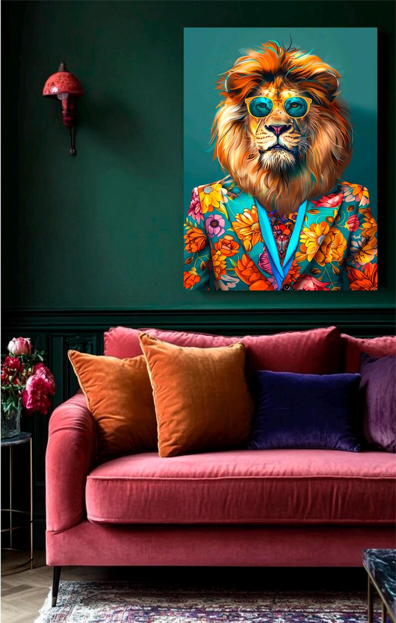 May include: A lion wearing a colorful floral patterned suit and sunglasses against a teal background. The lion is looking directly at the camera.