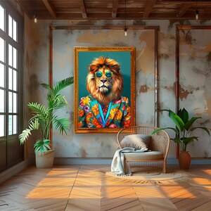 May include: A framed print of a lion wearing a colorful floral patterned suit and blue sunglasses against a teal background.