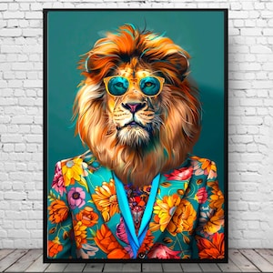 Impresión de león con traje, arte mural de moda, póster de animales divertidos, estética de dopamina, decoración maximalista, pintura de retrato de león, impresión ecléctica de IA.