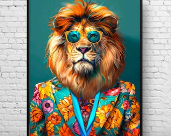 Lion in Suit Print, Trendy Wall Art, Funky Animal  Poster, Dopamine Aesthetic, Maximalist Decor, Lion Portrait Painting, Eclectic Ai Print.