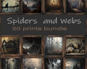 Op de afbeelding: Een verzameling ingelijste kunstprints met griezelige spinnen en webben. De prints hebben een donkere, gotische esthetiek met afbeeldingen van spinnen, spinnenwebben en spookachtige scènes. De tekst "Spiders and webs 20 prints bundle" is zichtbaar.