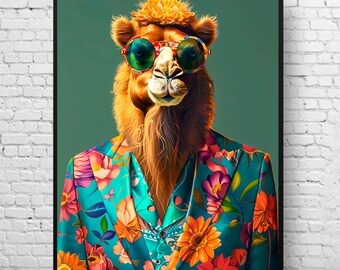 Camel in Suit Portrait Print, Animal Head Human Body Poster, Bohemian Decor Colorful wall art, Animal prints for Dopamine decor, Ai art.