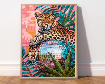 Disco ball Leopard print, Dopamine decor for birthday gift, Floral wall art, Animal prints trendy wall art, Ai art Maximalist decor.
