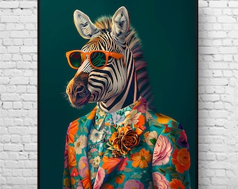 Zebra in Suit Print, Trendy Wall Art, Funky Animal  Poster, Dopamine Aesthetic, Maximalist Decor, Zebra Portrait Painting.