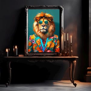 May include: A framed painting of a lion wearing a colorful floral patterned suit and sunglasses against a teal background.