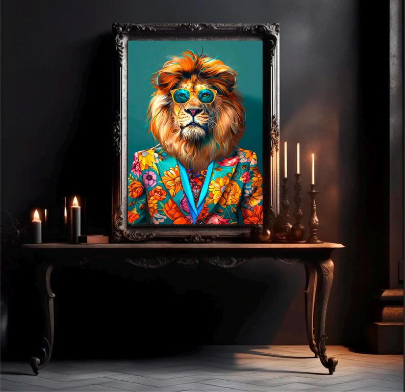 May include: A framed painting of a lion wearing a colorful floral patterned suit and sunglasses against a teal background.