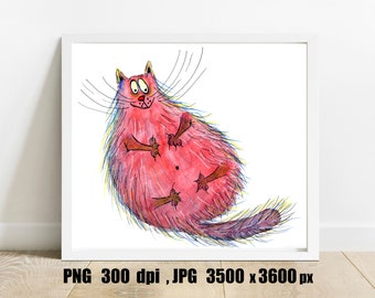 Digital funny Cat Wall Print,bedroom printable Art,cartoon Pictures, Print Download,Cat lover Gift,nursery decor baby,PNG files,JPG A4