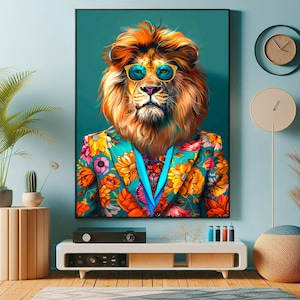 May include: A colorful illustration of a lion wearing a floral patterned suit and sunglasses. The lion has a blue background.