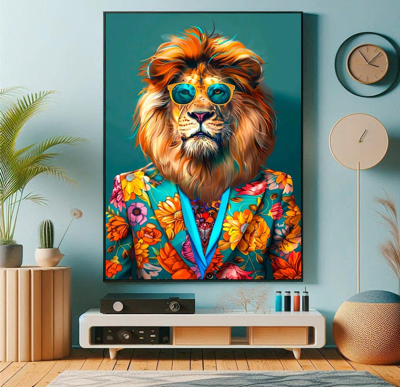 May include: A colorful illustration of a lion wearing a floral patterned suit and sunglasses. The lion has a blue background.