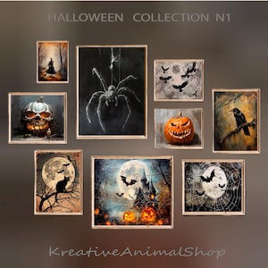 Gallery Halloween Wall Prints SET, Halloween Collage Wall Art, Vintage Halloween Style Art, Pumpkin Decor, Witch Printable Art.