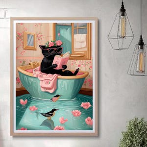 猫好きのための面白いバスルームアート、印刷可能なウォールアート、黒猫のトレンディなプリント、バスルームの装飾のためのカラフルなウォールアート、AI アート。