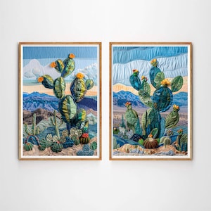 Cactus Patchwork Art Print Set, Desert Cacti Wall Art, Southwestern Botanical Poster, Quilted Textile Style Cacti Printable Decor.