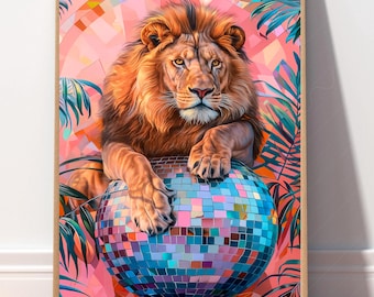 Disco ball Lion print, Dopamine decor for birthday gift, Floral wall art, Animal prints trendy wall art, Luxury Maximalist Aesthetic Decor.