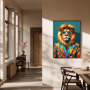 May include: A colorful painting of a lion wearing a floral patterned suit and blue sunglasses against a teal background.