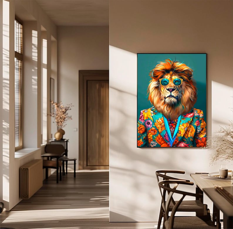 May include: A colorful painting of a lion wearing a floral patterned suit and blue sunglasses against a teal background.