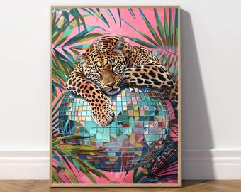 Leopard on the disco ball, Dopamine decor pink print, Colorful wall art trendy print,Maximalist decor, Printable art.