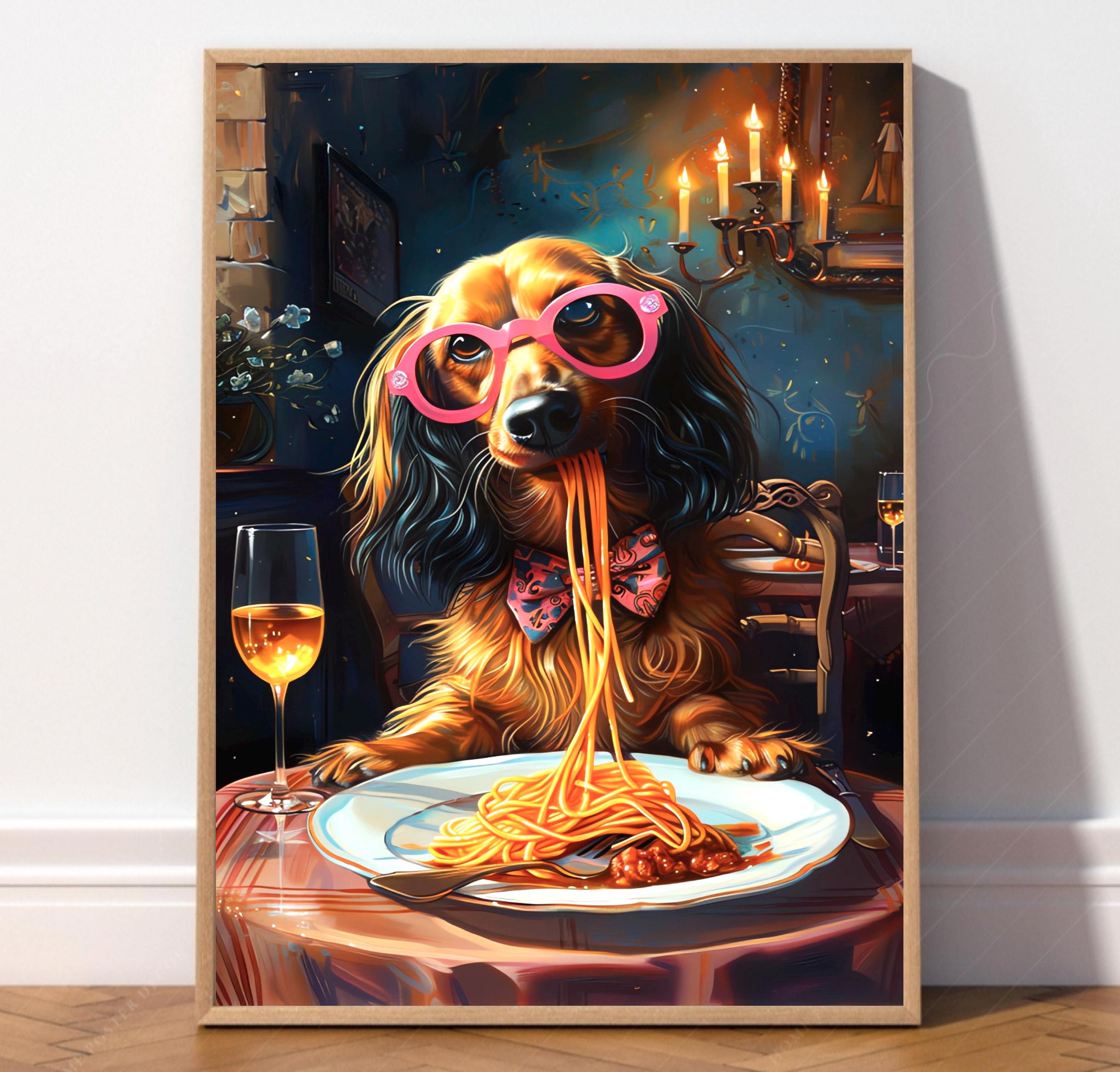 ワインと一緒にスパゲッティパスタを食べるダックスフント犬、ラーメン