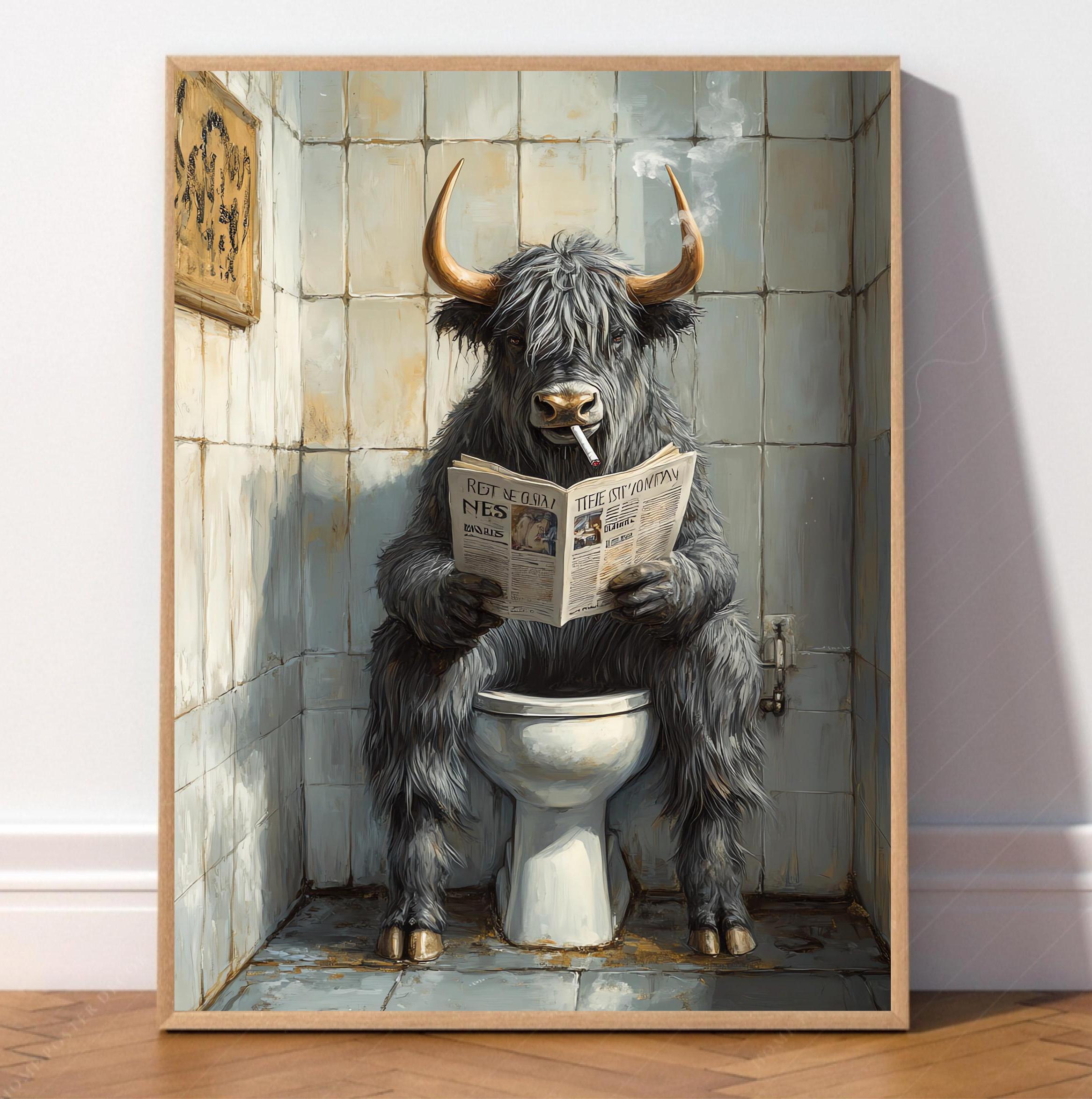 Highland Cow on the Toilet With Newspaper, Funny Bahtroom Art, Black ...