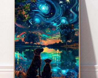 Impresión artística de perro de noche estrellada, descarga digital de paisaje mágico, decoración de pared de cielo cósmico, ilustración de mascota de ensueño.