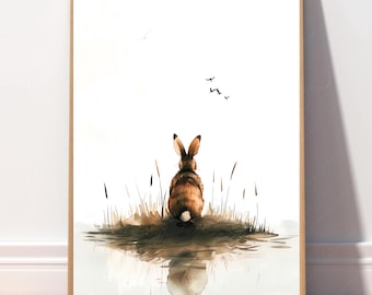 Impresión de pintura de acuarela vintage de conejo en la isla, regalo para los amantes de los conejos, arte imprimible de conejo lindo, arte de pared con impresión de animales en colores pastel.