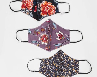 3-Pack Reusable Washable Organic Cotton & Modal Face Masks Floral Prints- Pack 1 (Paper Daisy,Paisley Rose,Lilac Multi)