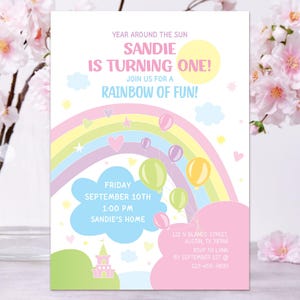 Girl First Birthday Rainbow Party Invitation, Editable Rainbow Party Invite, Rainbow Invitation Template, Rainbow Balloons Party Invitation