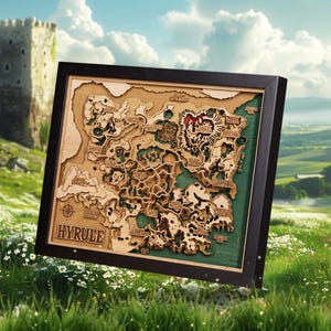 Mappa in legno 3D di Hyrule, mappa dettagliata del santuario BOTW, regali nerd perfetti, mappa del santuario Breath Wild