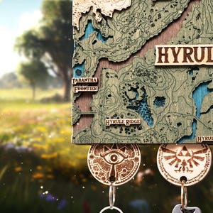 Porte-clés 3D Hyrule, porte-clés de jeu avec carte des sanctuaires BOTW, oeuvre d'art 3D en bois pour jeu vidéo, crochet de jeu vidéo