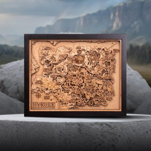 Hyrule 3D Wood Map Natural Edition, gedenkwaardige Hyrule-kaart, uniek gameroomdecor, Breath of the Wild-muurkunstdecor