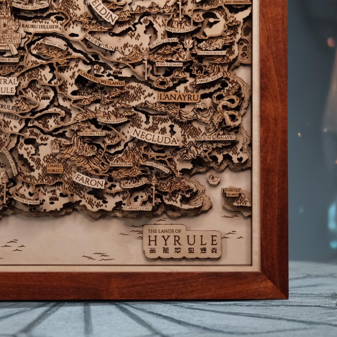 The Lands of Hyrule Framed 3D Wood Map, BOTW Shrine Map in Natural ...