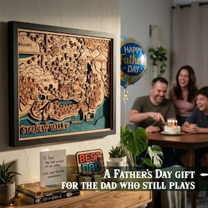May include: A framed wooden map of Stardew Valley, with a black frame. The map is a detailed, layered design with brown and teal tones. The text "STARDEW VALLEY" is visible. A Father's Day card and a "Best Dad" sign are also present.