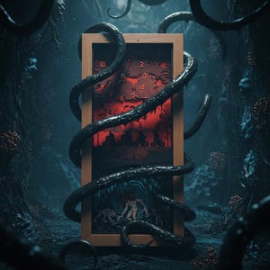 May include: A wooden framed clock with a red and black graphic design. The clock face has the numbers 2, 3, 4, 5, 6, 8, and 10. Black tentacles wrap around the frame. The background is a dark, moody forest scene.