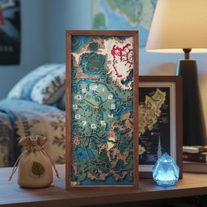 Op de afbeelding: Een rechthoekige houten wandklok met een kaartontwerp. De wijzerplaat heeft een gedetailleerde topografische kaart in tinten blauw, groen en bruin. De wijzers van de klok zijn goudkleurig en de cijfers zijn wit. De klok wordt op een houten oppervlak weergegeven.